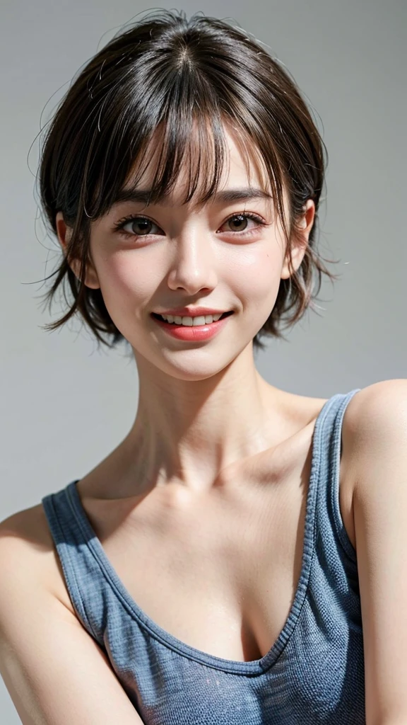 highest quality, masterpiece, ultra high resolution, (realistic:1.4), (portrait facing each other) Raw photo, 1 girl, 20-year-old,((K-POPアイドルコスチューム)),((very short hair)),((bangs, short hair, above the eyebrows)),((looking up at the viewer)),realistic,((Simple solid color background)), picture media chest)),((toothy smile)),