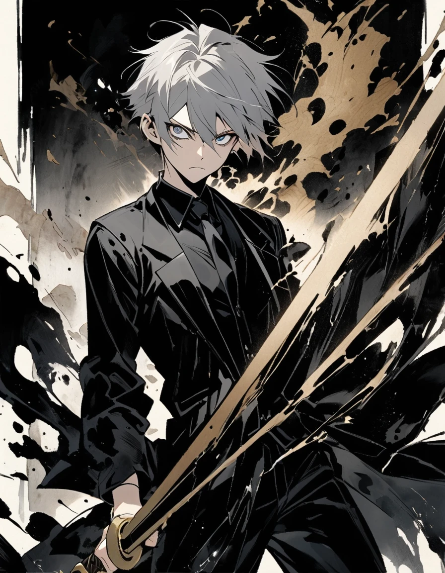 Short grey hair Sharp eyes　28 years old　　Damaged black suit　Ink painting art　null

