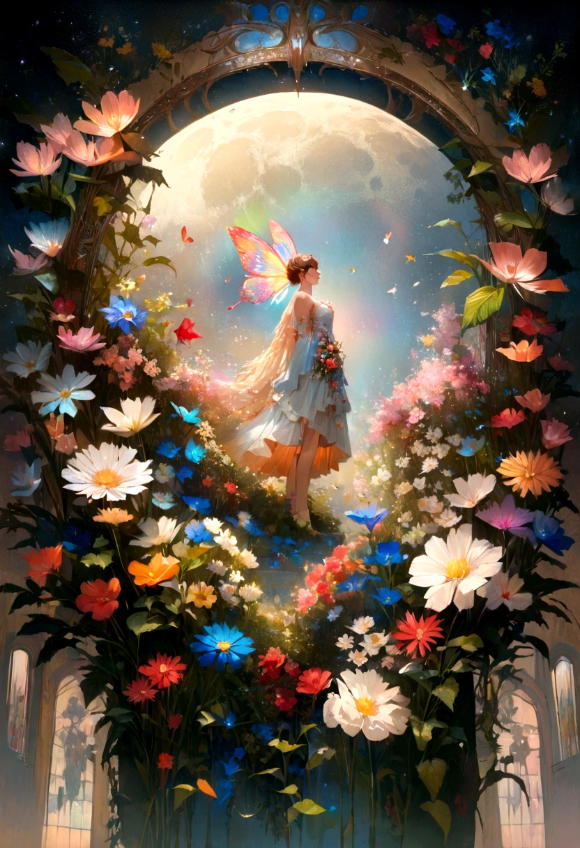 moon light,the arrival of spring, various beautiful flower
, Beautiful Rainbow-colored feathers swallowtail butterfly,angles looking up from below, various jewels falling from the sky, wonderful and beautiful superb view, slightly hazy, fantastic, high resolution, 8K, (best quality, highres, realistic:1.37), shiny metallic flowers, intricate and delicate petals, reflective surfaces, vibrant colors, intricate details, close-up view, surreal garden, surreal beauty, dreamy atmosphere, fine art, abstract botanicals, metallic sculpture, contrasting textures, ethereal glow