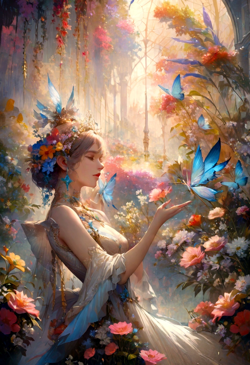 moon light,the arrival of spring, various beautiful flower
, Beautiful Rainbow-colored feathers swallowtail butterfly,angles looking up from below, various jewels falling from the sky, wonderful and beautiful superb view, slightly hazy, fantastic, high resolution, 8K, (best quality, highres, realistic:1.37), shiny metallic flowers, intricate and delicate petals, reflective surfaces, vibrant colors, intricate details, close-up view, surreal garden, surreal beauty, dreamy atmosphere, fine art, abstract botanicals, metallic sculpture, contrasting textures, ethereal glow