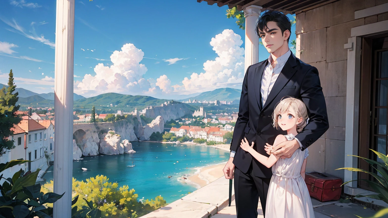 masterpiece, Highest quality, {Highest quality}, {{masterpiece}}, {High resolution}, Happy parent-child scene。The resurrected form of Emperor Constantine and the twins Crispus and Fausta.、Father and son landscape。「Pula, Croatia、Under the clear blue sky、A summer evening where a stylish modern mansion shines。As the bright sunlight envelopes the sea and the mansion、A young father in his 30s hugs his twin sons tightly and warmly on his way home from work。The father&#39;s face was filled with deep love and forgiveness.、I can see the look of relief on his face, having overcome his past mistakes.。The children have innocent, naive smiles、He buried his face in his father&#39;s shoulder and looked relieved.。Light and shadow gently intersect、A scene that creates a warm and moving atmosphere overall.。」Love。Love, forgiveness, healing and purification。Detailed and delicate。lyrical。Heartful。