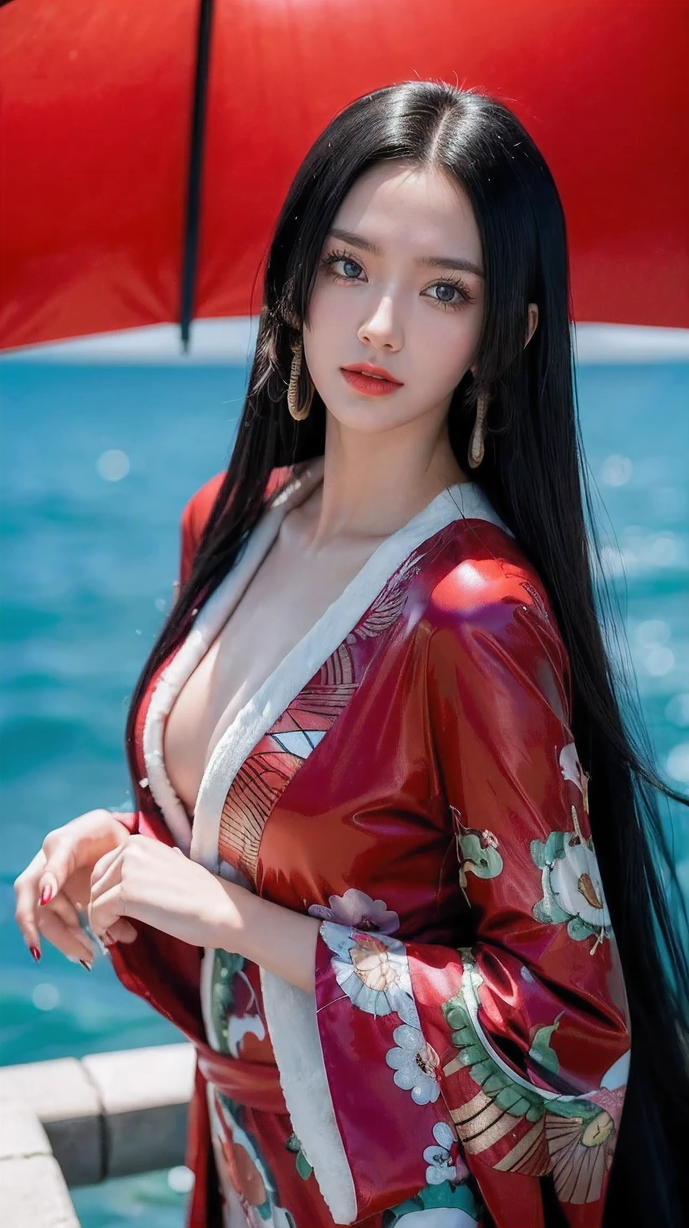 a person with long hair, red kimono, boa hancock, boa hancock from anime one piece, as an anime character, perfect anime face, she has black hair with bangs, female anime character, anime character, anime best girl, hime cut hairstyle, black hair, (red glossy lips:1.3), blue eyes, smile, sea background, (beautiful face:1.3)