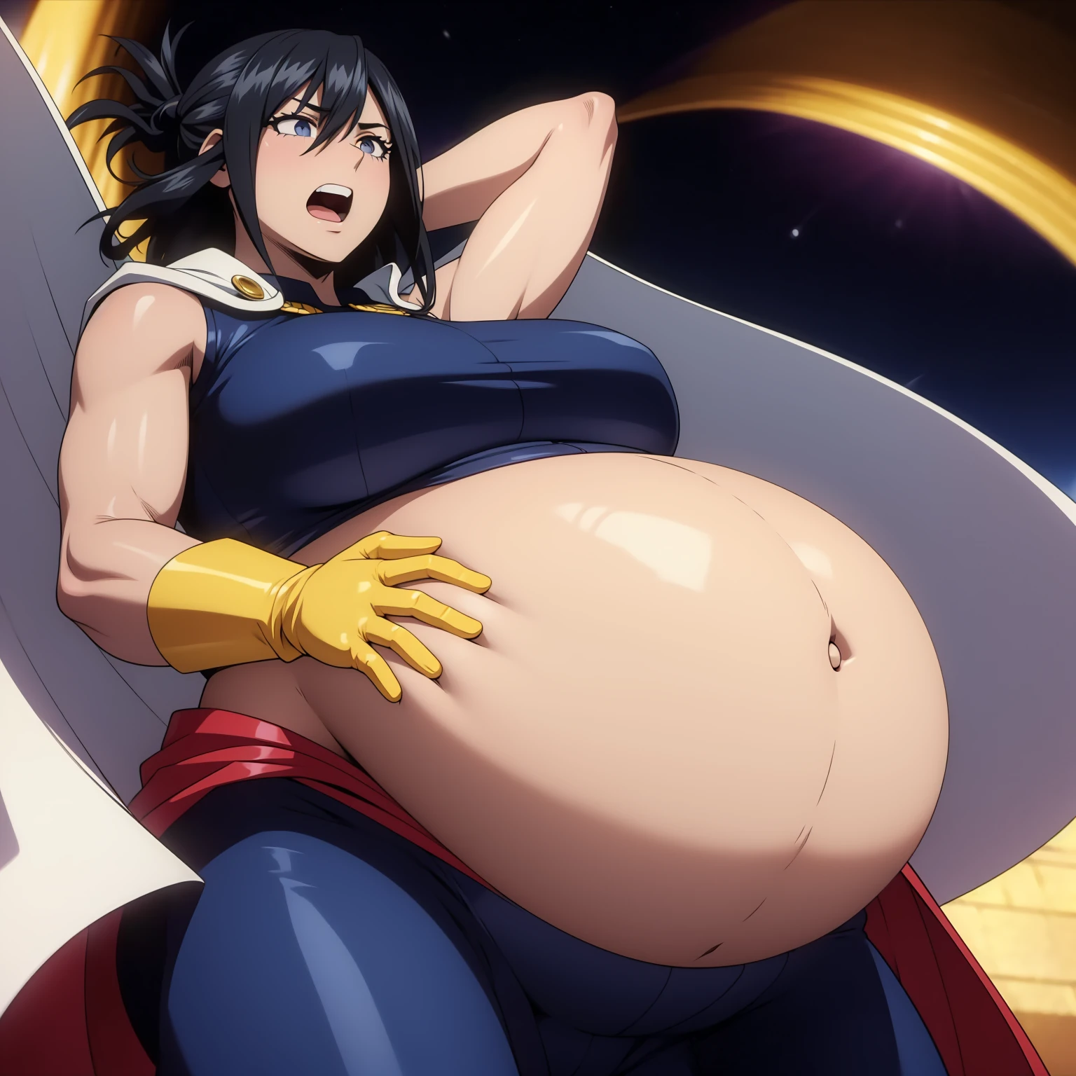 (masterpiece, best quality:1.4), cinematic light, colorful, high contrast, (1girl), NanaShimura, boku no hero academia, yellow gloves, black hair, white cape, large breasts, blue eyes, sleeveless, bodysuit, hair between eyes, belt, ((big belly, massive belly, round belly)), shocked, open mouth, hands behind head:1.4), (solo:1.5)