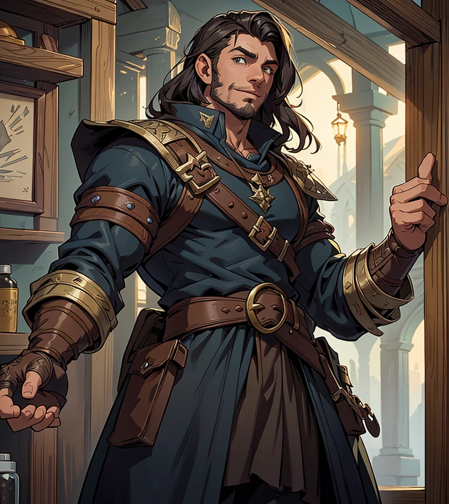 (((Solo character image.))) (((Generate a single character image.)))  (((Dressed in medieval fantasy attire.)))  (((Dressed in medieval fantasy attire.))) Cute guy. Hot guy.   (((Dressed in medieval fantasy attire.))) (((Has Italian and Greek ethnic features.)))  (((Bodybuilder physique.))) (((Strong baramanga influence.))) Looks like a fun-loving and heroic male adventurer for Dungeons & Dragons. Looks like a very attractive male adventurer for a high fantasy setting. Looks like a hot boyfriend. Looks like a handsome and rugged male adventurer for Dungeons & Dragons. Looks like a handsome male for a medieval fantasy setting. Looks like a Dungeons & Dragons adventurer, very cool and masculine hair style, black clothing, handsome, charming smile, adventurer, athletic build, excellent physique, confident, gorgeous face, gorgeous body,  detailed and intricate, fantasy setting,fantasy art, dungeons & dragons, fantasy adventurer, fantasy NPC, attractive male in his mid 20's, ultra detailed, epic masterpiece, ultra detailed, intricate details, digital art, unreal engine, 8k, ultra HD, centered image award winning, fantasy art concept, digital art, centered image, flirting with viewer, best quality:1.0,hyperealistic:1.0,photorealistic:1.0,madly detailed CG unity 8k wallpaper:1.0,masterpiece:1.3,madly detailed photo:1.2, hyper-realistic lifelike texture:1.4, picture-perfect:1.0,8k, HQ,best quality:1.0,