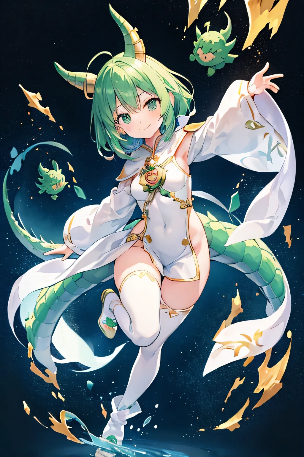 Only white background、wearing a dragon costume、smile、The cutest in the world、Green Hair、Photograph your whole body from the front、Knee-high socks、Looking up、Standing pose、Covers from head to toe!、Dragon's 、Take a full-body photo!!!The corners are gold、Dragon's Tail、The camera is in front、Carefully crafted down to the last detail、Especially the face is drawn cutely.