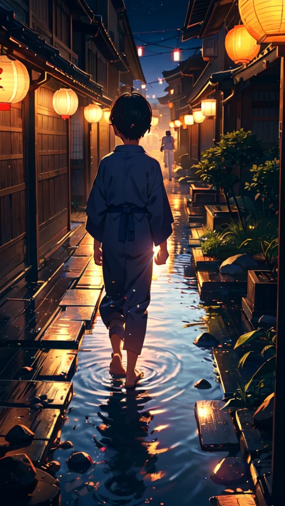 Summer festival, row of lanterns, Japanese, little boy in Navy blue yukata, dusk,Back view,Gravel road