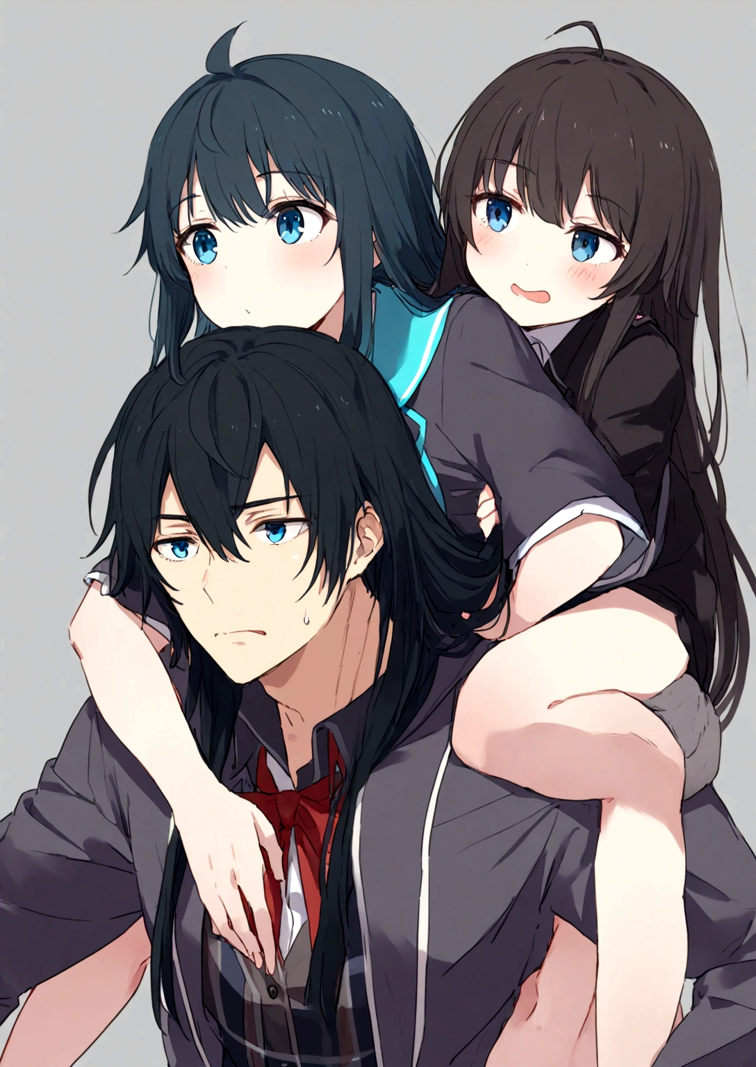 1 grils  yukino yukinoshita giving man piggyback ride, Yukinoshita Yukino in the bottom blue eyes black long hair piggyback ride, size difference, Yukino Yukinoshita 1 man 