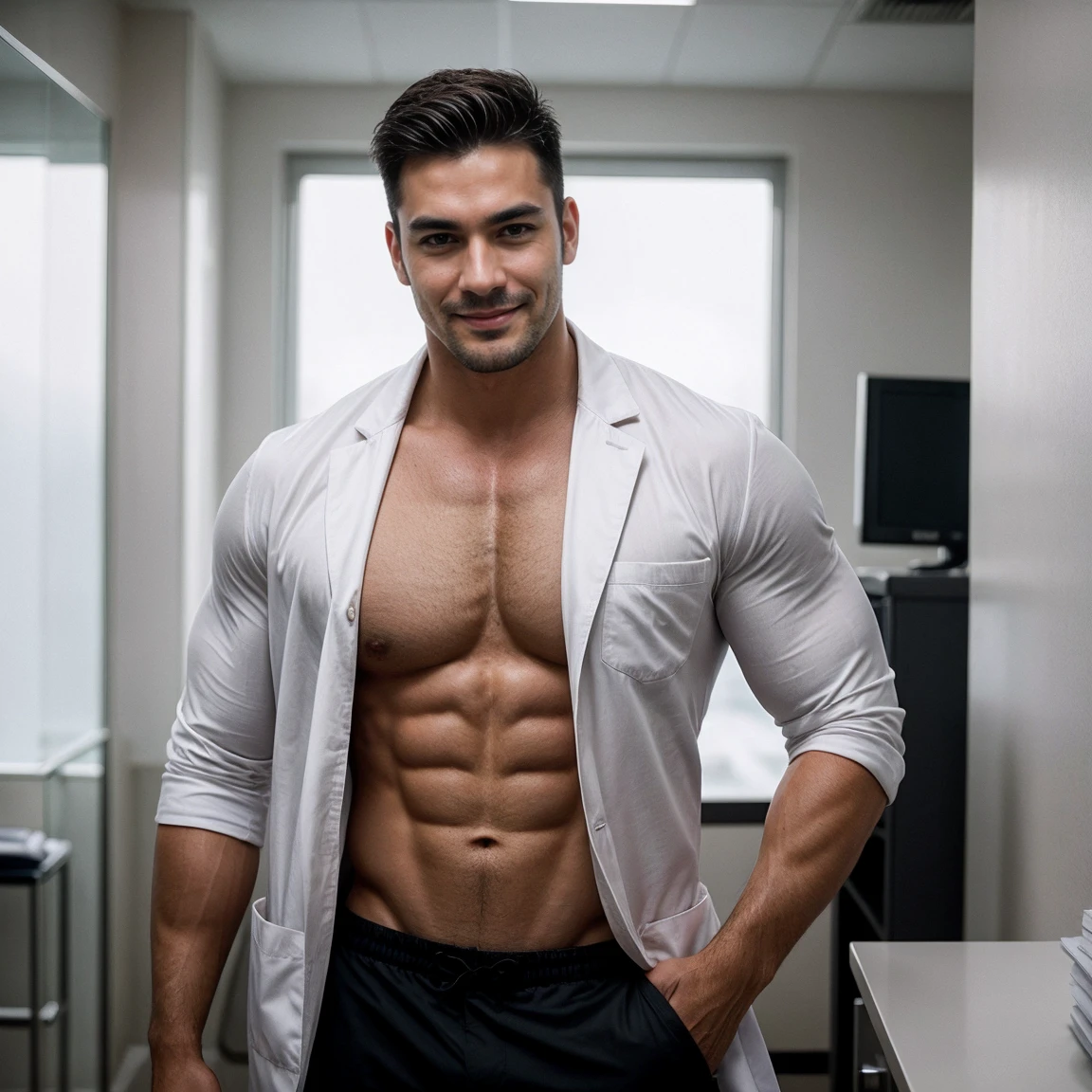 Create an image of a tall and muscular male veterinarian with a happy face, standing in a rich and luxurious clinic with money visible in the background. The vet should have one hand in his pocket, exuding a relaxed and confident demeanor. The image should be captured in a cinematic style, with dramatic lighting and a shallow depth of field to create a sense of depth and dimension, muscular huge body man, slightly unshaved, bodybuilder, round face