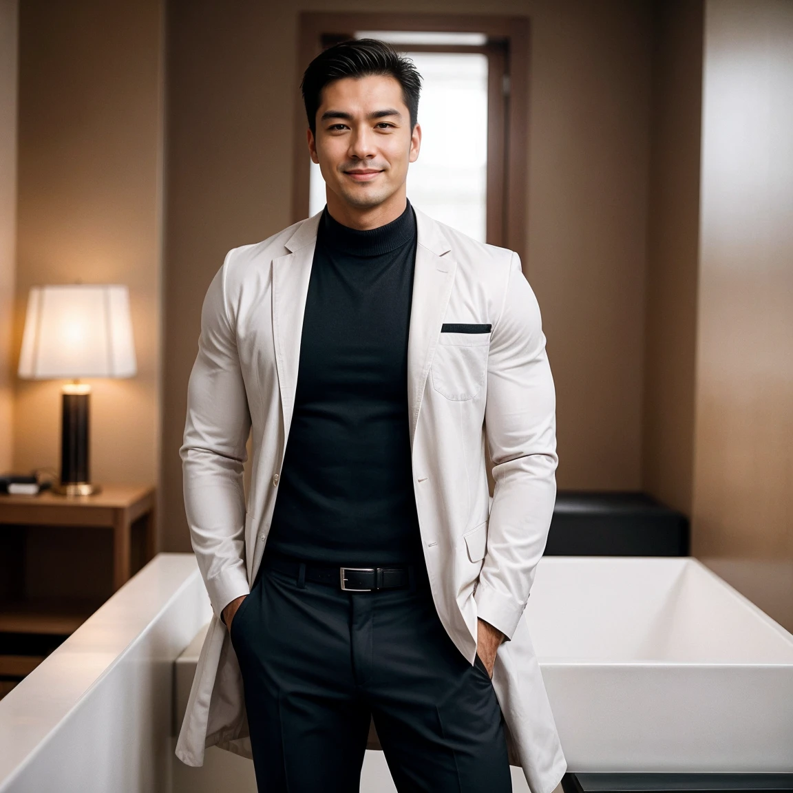 Create an image of a tall and muscular male veterinarian with a happy face, standing in a rich and luxurious clinic with money visible in the background. The vet should have one hand in his pocket, exuding a relaxed and confident demeanor. The image should be captured in a cinematic style, with dramatic lighting and a shallow depth of field to create a sense of depth and dimension, muscular huge body man, slightly unshaved, bodybuilder, round face