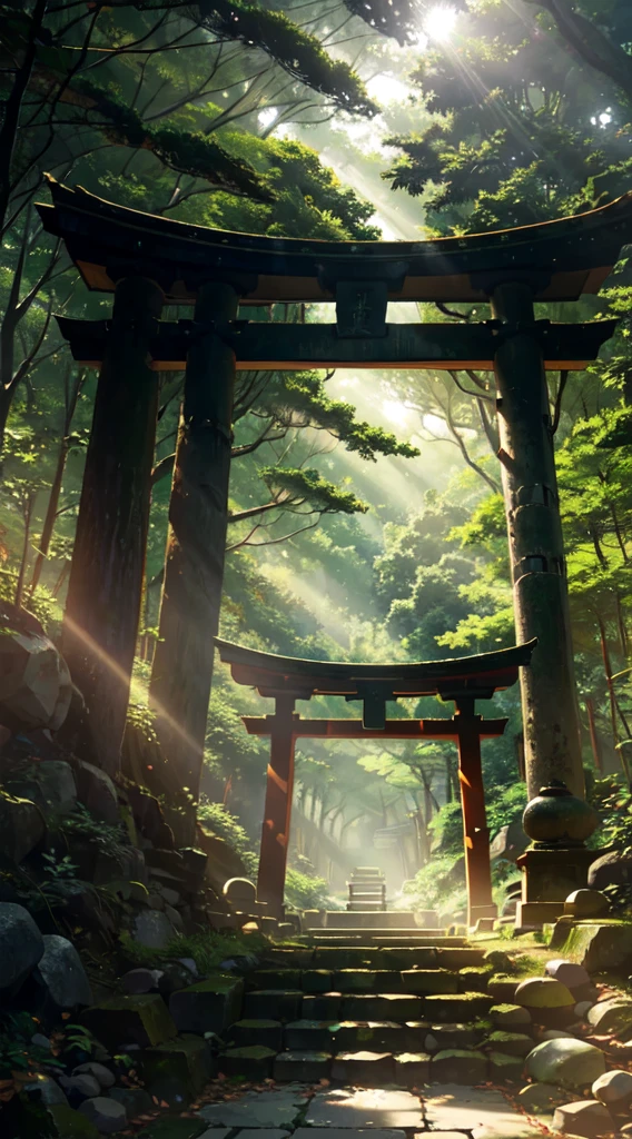 Old torii gate in the forest, old stone stairs, sunlight filtering through the trees, nostalgic