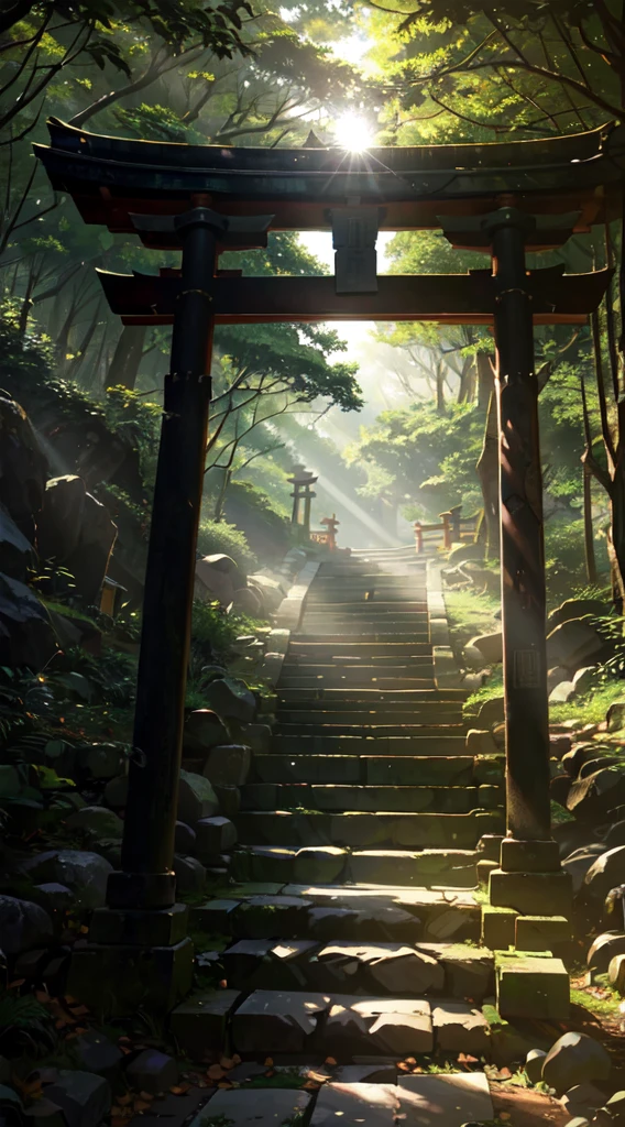 Old torii gate in the forest, old stone stairs, sunlight filtering through the trees, nostalgic