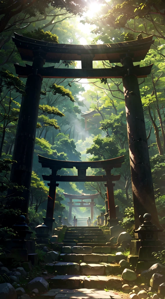 Old torii gate in the forest, old stone stairs, sunlight filtering through the trees, nostalgic