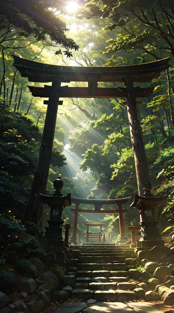Old torii gate in the forest, old stone stairs, sunlight filtering through the trees, nostalgic
