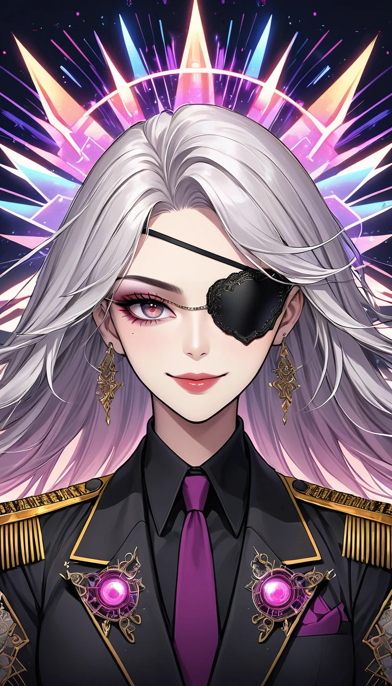 (Digital Illustration,Detailed anime style,Heavy Metal Cyberpunk,Girl wearing a lace eyepatch,Queen aura,Solitary,symmetry),(Fashionable and exquisite facial features,Exquisite makeup,Smooth skin,Smile,),(Long hair),(Black suit,Epaulettes-Chain,cool,),(((Correct human anatomy))),Radioactive geometric dynamic light wave background,Top fireworks