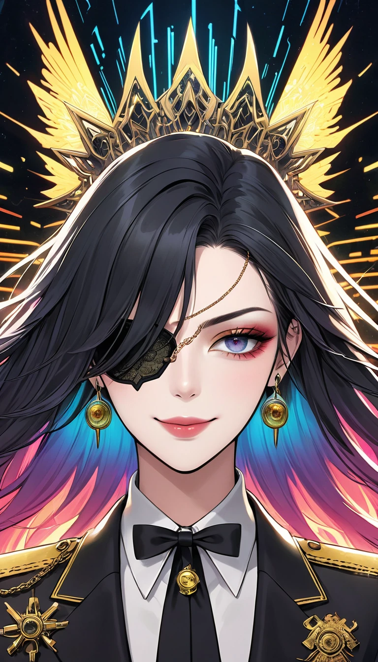 (Digital Illustration,Detailed anime style,Heavy Metal Cyberpunk,Girl wearing a lace eyepatch,Queen aura,Solitary,symmetry),(Fashionable and exquisite facial features,Exquisite makeup,Smooth skin,Smile,),(Long hair),(Black suit,Epaulettes-Chain,cool,),(((Correct human anatomy))),Radioactive geometric dynamic light wave background,Top fireworks