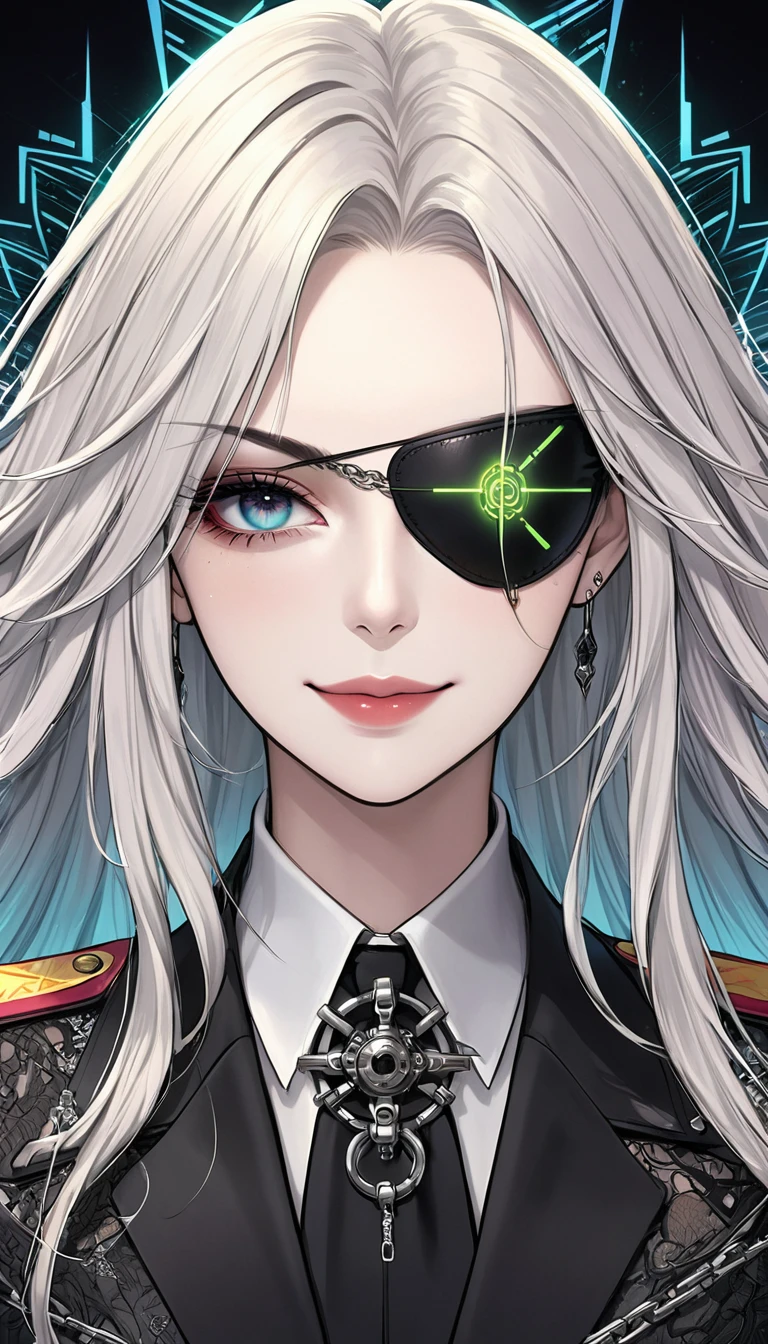 (Digital Illustration,Detailed anime style,Heavy Metal Cyberpunk,Girl wearing a lace eyepatch,Queen aura,Solitary,symmetry),(Fashionable and exquisite facial features,Exquisite makeup,Smooth skin,Smile,),(Long hair),(Black suit,Epaulettes-Chain,cool,),(((Correct human anatomy))),Radioactive geometric dynamic light wave background,Top fireworks