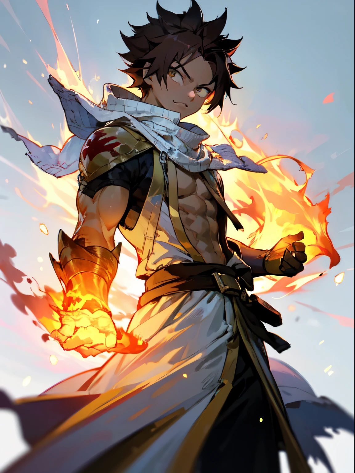 masterpiece, High resolution, high quality, Dark Skinned Teen, male, A little buff, Medium dark brown hair, Big Innocent Eyes, naked、White long torn scarf, White hooded cloak, Big black gauntlets, Dramatic show, Intensive, nice, Amazing guy, Boy of Fire