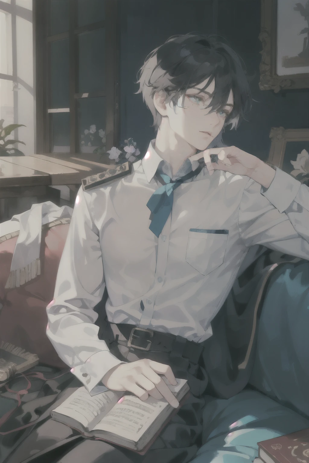 masterpiece, best quality, ultra detailed, (solo man), (male focus), ((Oblong face)), ((Square jawline)), black hair, ((hairs between eyes)), ((shoulder length)), ((narrow blue eye)), fair skin, skinny body, beauty mark, {uniform, outfit, clothes}, dress shirt, watch, sitting on sofa, read a book, ((looking away))