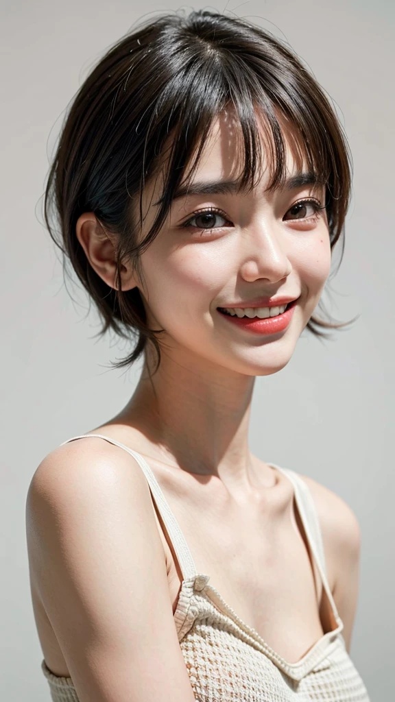 highest quality, masterpiece, ultra high resolution, (realistic:1.4), (portrait facing each other) Raw photo, 1 girl, 20-year-old,((K-POPアイドルコスチューム)),((very short hair)),((bangs, short hair, above the eyebrows)),((looking up at the viewer)),realistic,((Simple solid color background)), picture media chest)),((toothy smile)),