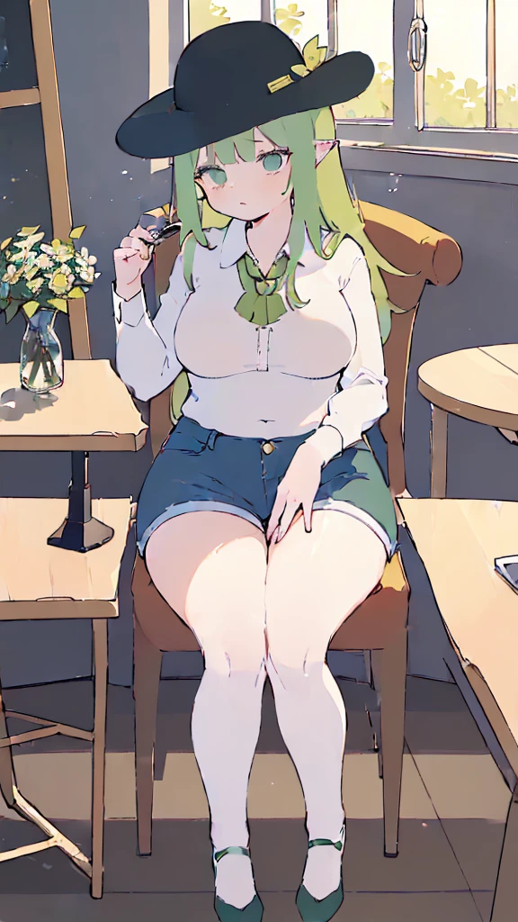 (flat:1.5),(cafe, window, sunlight, table, chair, sedentary:1.5) (big ass, thick thighs:0.7), (warm light source:1.2), intricate details, volumetric lighting, Realism BREAK(masterpiece:1.2), (top quality), 4K, ultra detail, (Dynamic configuration:1.4), Very detailed and colorful details,(rainbow colors:1.2), (shining lights, atmospheric lighting), dreamy, magical, (alone:1.2), intricate details, cheeky expression, (big breasts:1.5), (green eyes:1.5), (a devastated expression, dead eyes, dark atmosphere:1.5), (Green long hair:1.5), (shoes, buttoned dress shirt, Small hat,Small and tight denim shorts:1.5), (chubby), (beautiful eyes, flushing:1.5),(human ear,thin legs:1.5),(chair에 sedentary, diagonal shot:1.5), (embarrassing:1.5),(diagonal shot:1.5)