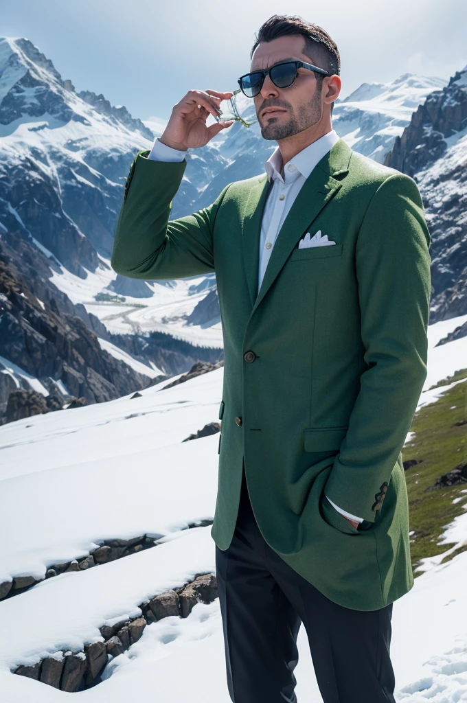 Make me a green tyrannosaurus rex businessman with sunglasses and on a mountain with snow around .
