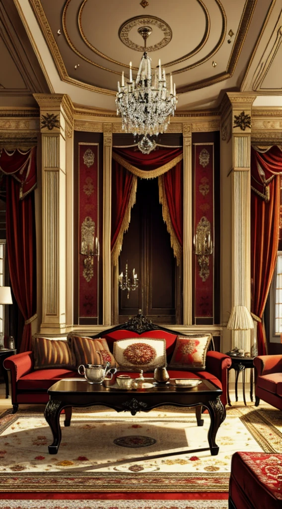 Photography, sofe, Tea table, ( Living room), Curtains, hanging lamp, decorations, carpets, fireplace,white,Versailles