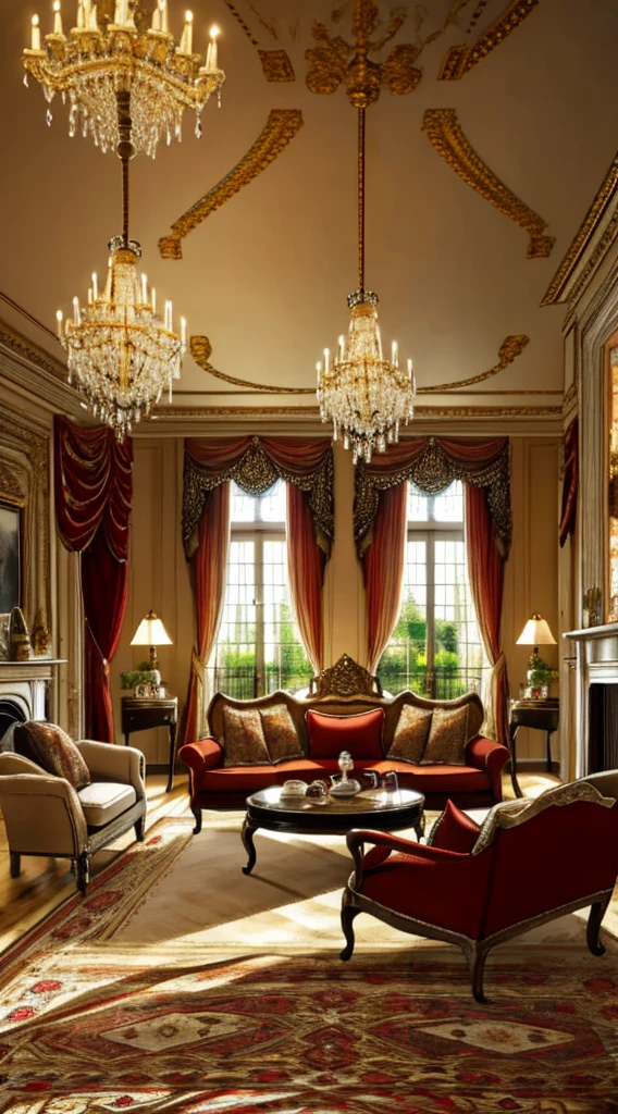 Photography, sofe, Tea table, ( Living room), Curtains, hanging lamp, decorations, carpets, fireplace,white,Versailles