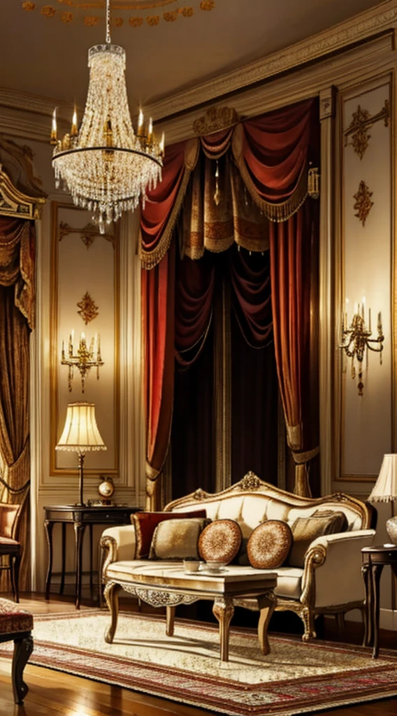 Photography, sofe, Tea table, ( Living room), Curtains, hanging lamp, decorations, carpets, fireplace,white,Versailles