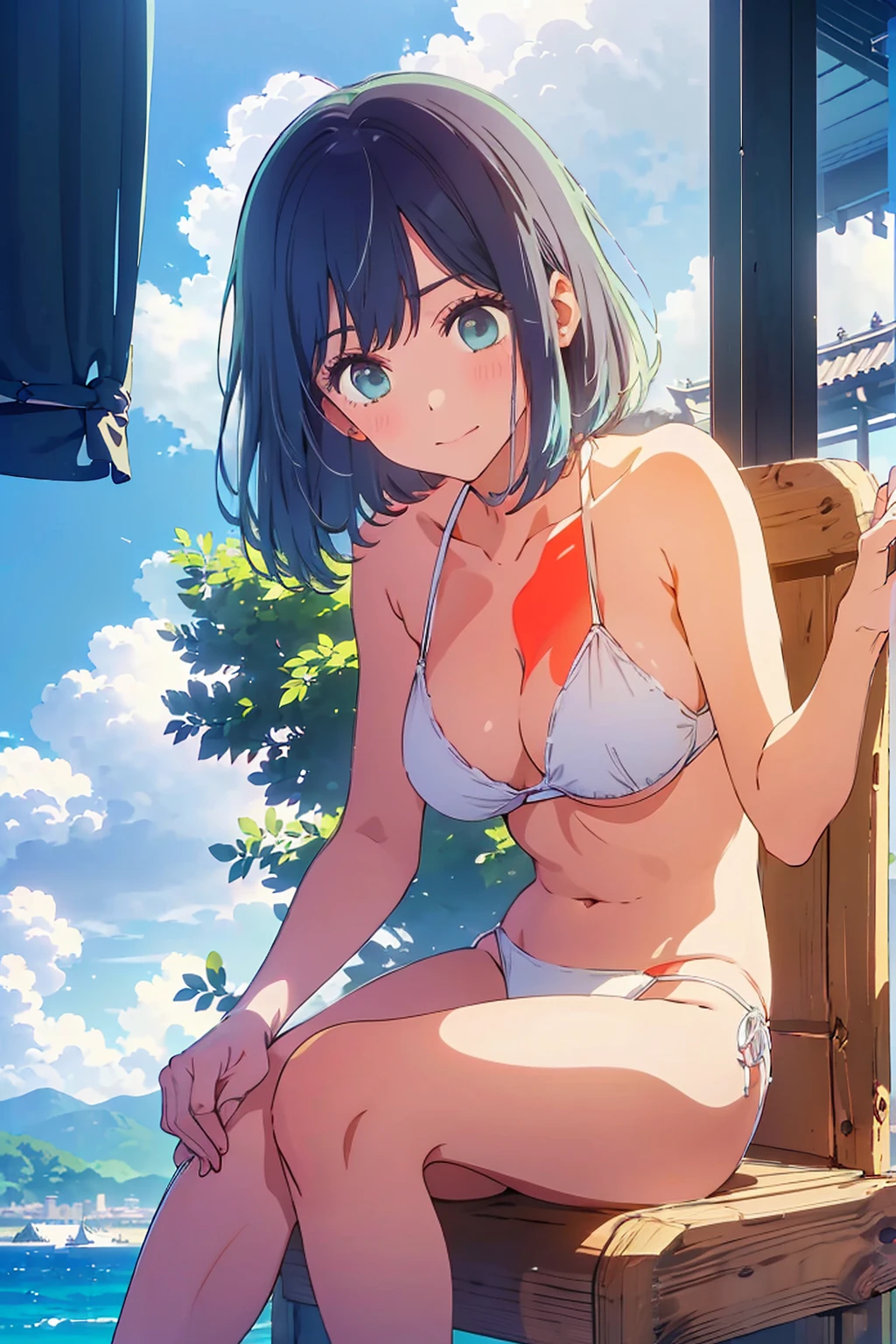 Highest quality,8k,detailed,F cup bust、Big Breasts、Slim and beautiful arms、Slim body、Very white beautiful skin、((((1 person、smile、She is wearing a white side-string high-leg bikini、smile、Sit on a chair、In the background are the urban buildings of Tokyo、Outdoor café terrace、juice、coastal、table、looking at the camera、Very cute face、Best Beautiful Legs、Looking up、Navy hair color))))、Sexy pose、Very blue sky、A completely cloudless sky、She tilted her head slightly、The atmosphere is bright and lively、The woman is at the center of the image。