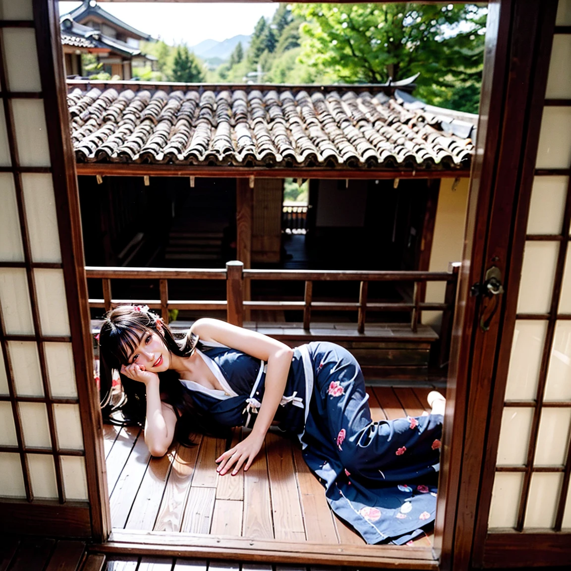 ((最high quality, 8k, masterpiece: 1.3, Ultra HD, high quality, 最high quality, High resolution, realism)) 、A beautiful 22 year old Japanese woman、Straight hair、smile、Slender body、Sitting on the balcony of a Japanese house in the countryside of Japan、(Lying face up on the balcony floor:1.4)、summer、Wind chimes are hanging from the eaves、barefoot、fan、In front of the balcony is a courtyard、Wearing a yukata