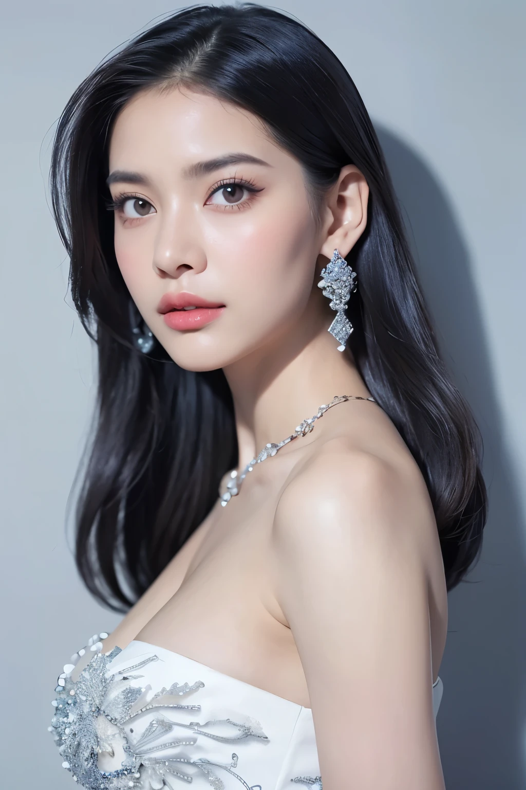 (highly detailed body、more detailed face、best quality:1.2)、not、Looking at the viewer、(Fantaco clothes、cleavage of breasts、Amasui&#39;s world view、model pose、Shoulder length large silver earrings、silver fancy necklace、mode system、fashion show)、(blue stylish wall, Gray and white on background:1.4)