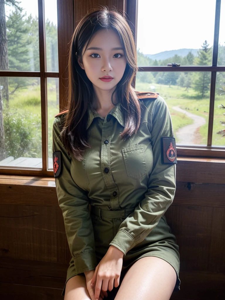 Highly detailed CG Unity 8k wallpaper, of the highest quality, super detailed, masutepiece, Realistic, Photorealistic, extremely detailed cute girl, 25 years old,
(Tactical clothing), (military outfits), By the window of a log house in the forest  ,blush, Round eyes, medium breasts,  ,viewer, Cowboy Shot,