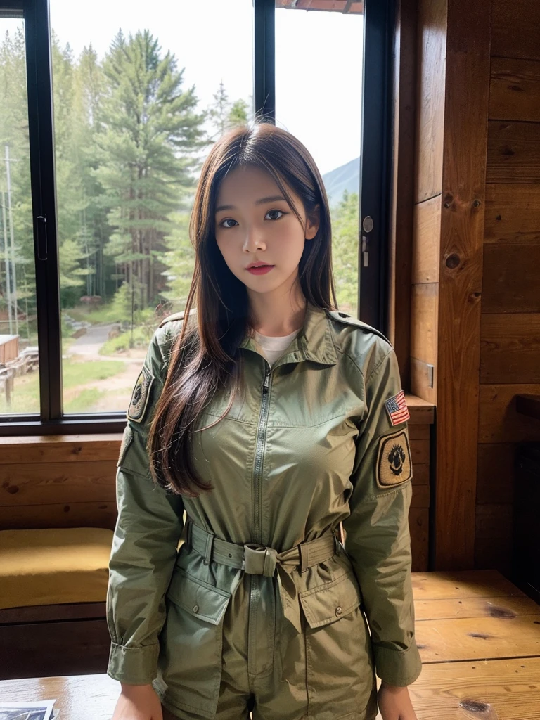 Highly detailed CG Unity 8k wallpaper, of the highest quality, super detailed, masutepiece, Realistic, Photorealistic, extremely detailed cute girl, 25 years old,
(Tactical clothing), (military outfits), By the window of a log house in the forest ,blush, Round eyes, medium breasts, ,viewer, Cowboy Shot,