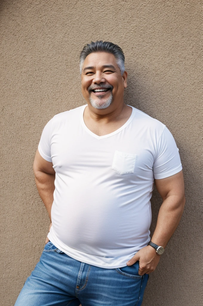 Fat man of 50 years old happy smile goatee, small eye, medium brown hair, white t-shirt denim pants, moreno 