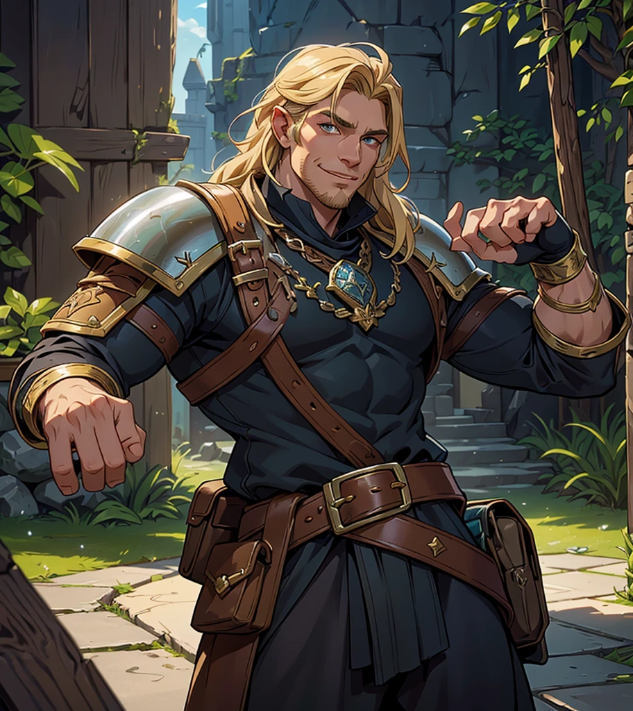 (((Solo character image.))) (((Generate a single character image.)))  (((Dressed in medieval fantasy attire.)))  (((Dressed in medieval fantasy attire.))) Cute guy. Hot guy.   (((Dressed in medieval fantasy attire.))) (((Has Italian and Greek ethnic features.)))  (((Bodybuilder physique.))) (((Attractive, shoulder-length blond hair.))) Looks like a fun-loving and heroic male adventurer for Dungeons & Dragons. Looks like a very attractive male adventurer for a high fantasy setting. Looks like a hot boyfriend. Looks like a handsome and rugged male adventurer for Dungeons & Dragons. Looks like a handsome male for a medieval fantasy setting. Looks like a Dungeons & Dragons adventurer, very cool and masculine hair style, black clothing, handsome, charming smile, adventurer, athletic build, excellent physique, confident, gorgeous face, gorgeous body,  detailed and intricate, fantasy setting,fantasy art, dungeons & dragons, fantasy adventurer, fantasy NPC, attractive male in his mid 20's, ultra detailed, epic masterpiece, ultra detailed, intricate details, digital art, unreal engine, 8k, ultra HD, centered image award winning, fantasy art concept, digital art, centered image, flirting with viewer, best quality:1.0,hyperealistic:1.0,photorealistic:1.0,madly detailed CG unity 8k wallpaper:1.0,masterpiece:1.3,madly detailed photo:1.2, hyper-realistic lifelike texture:1.4, picture-perfect:1.0,8k, HQ,best quality:1.0,