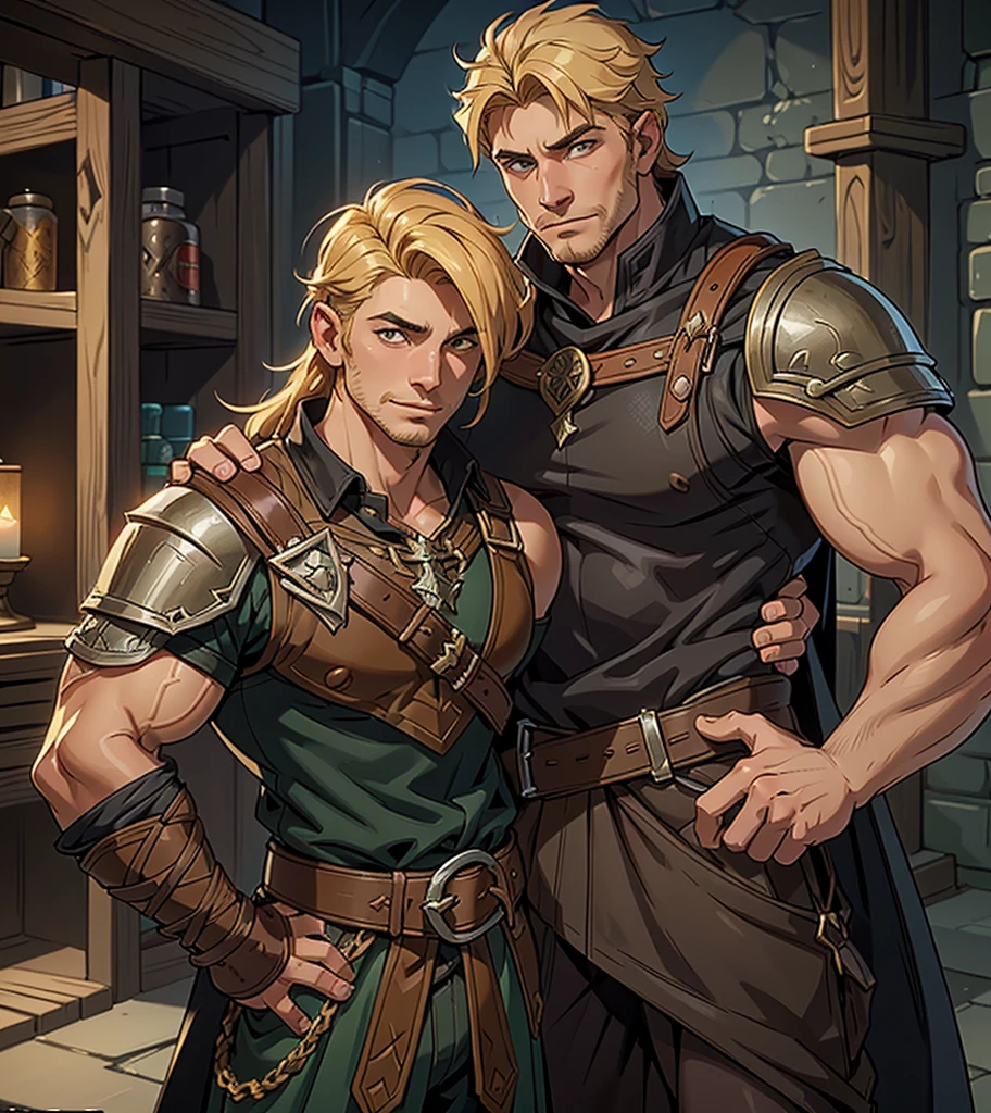 (((Solo character image.))) (((Generate a single character image.)))  (((Dressed in medieval fantasy attire.)))  (((Dressed in medieval fantasy attire.))) Cute guy. Hot guy.   (((Dressed in medieval fantasy attire.))) (((Has Italian and Greek ethnic features.)))  (((Bodybuilder physique.))) (((Attractive, shoulder-length blond hair.))) Looks like a fun-loving and heroic male adventurer for Dungeons & Dragons. Looks like a very attractive male adventurer for a high fantasy setting. Looks like a hot boyfriend. Looks like a handsome and rugged male adventurer for Dungeons & Dragons. Looks like a handsome male for a medieval fantasy setting. Looks like a Dungeons & Dragons adventurer, very cool and masculine hair style, black clothing, handsome, charming smile, adventurer, athletic build, excellent physique, confident, gorgeous face, gorgeous body,  detailed and intricate, fantasy setting,fantasy art, dungeons & dragons, fantasy adventurer, fantasy NPC, attractive male in his mid 20's, ultra detailed, epic masterpiece, ultra detailed, intricate details, digital art, unreal engine, 8k, ultra HD, centered image award winning, fantasy art concept, digital art, centered image, flirting with viewer, best quality:1.0,hyperealistic:1.0,photorealistic:1.0,madly detailed CG unity 8k wallpaper:1.0,masterpiece:1.3,madly detailed photo:1.2, hyper-realistic lifelike texture:1.4, picture-perfect:1.0,8k, HQ,best quality:1.0,