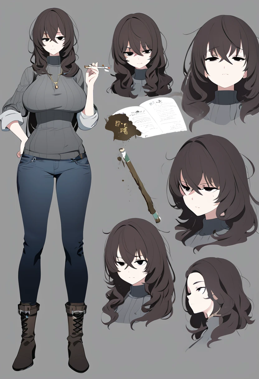 One Woman,Downer,older sister,Concept Art,Dark brown hair,Straight hair with slight inward curls,Staring eyes,Eye Ridge,black eye,Crossed bangs,whole body,smile,Larger breasts,Gray background,Bangs that reach down to the eyes,Messy hair,Tight dark jeans,Gray turtleneck sweater,Multiple views of the same character,Character Design,Dark circles under the eyes,Bad look,Listless,Sloppy,Silver Jewelry,Cafe staff,Holding a cigarette,whole bodyCharacter Design,Detailed hands,Height: 170cm,boots,Fleshy body,