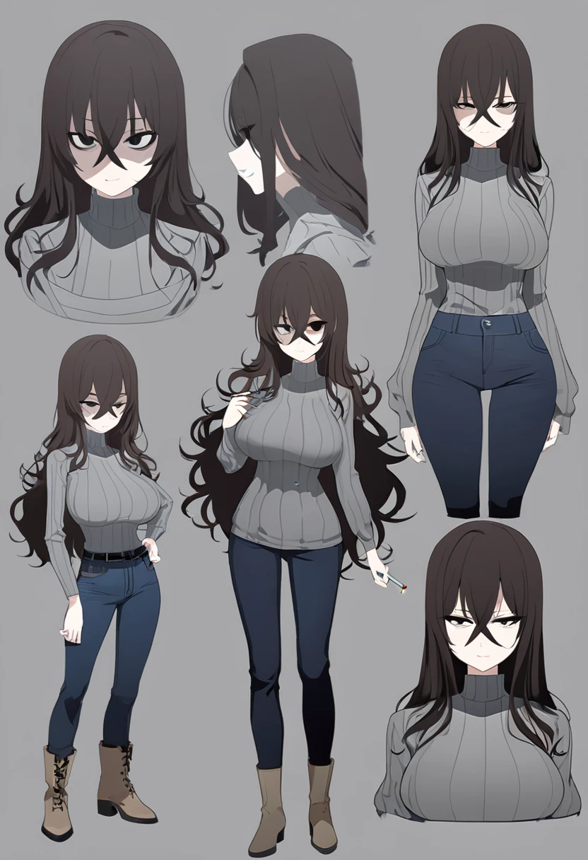 One Woman,Downer,older sister,Concept Art,Dark brown hair,Straight hair with slight inward curls,Staring eyes,Eye Ridge,black eye,Crossed bangs,whole body,smile,Larger breasts,Gray background,Bangs that reach down to the eyes,Messy hair,Tight dark jeans,Gray turtleneck sweater,Multiple views of the same character,Character Design,Dark circles under the eyes,Bad look,Listless,Sloppy,Silver Jewelry,Cafe staff,Holding a cigarette,whole bodyCharacter Design,Detailed hands,Height: 170cm,boots,Fleshy body,