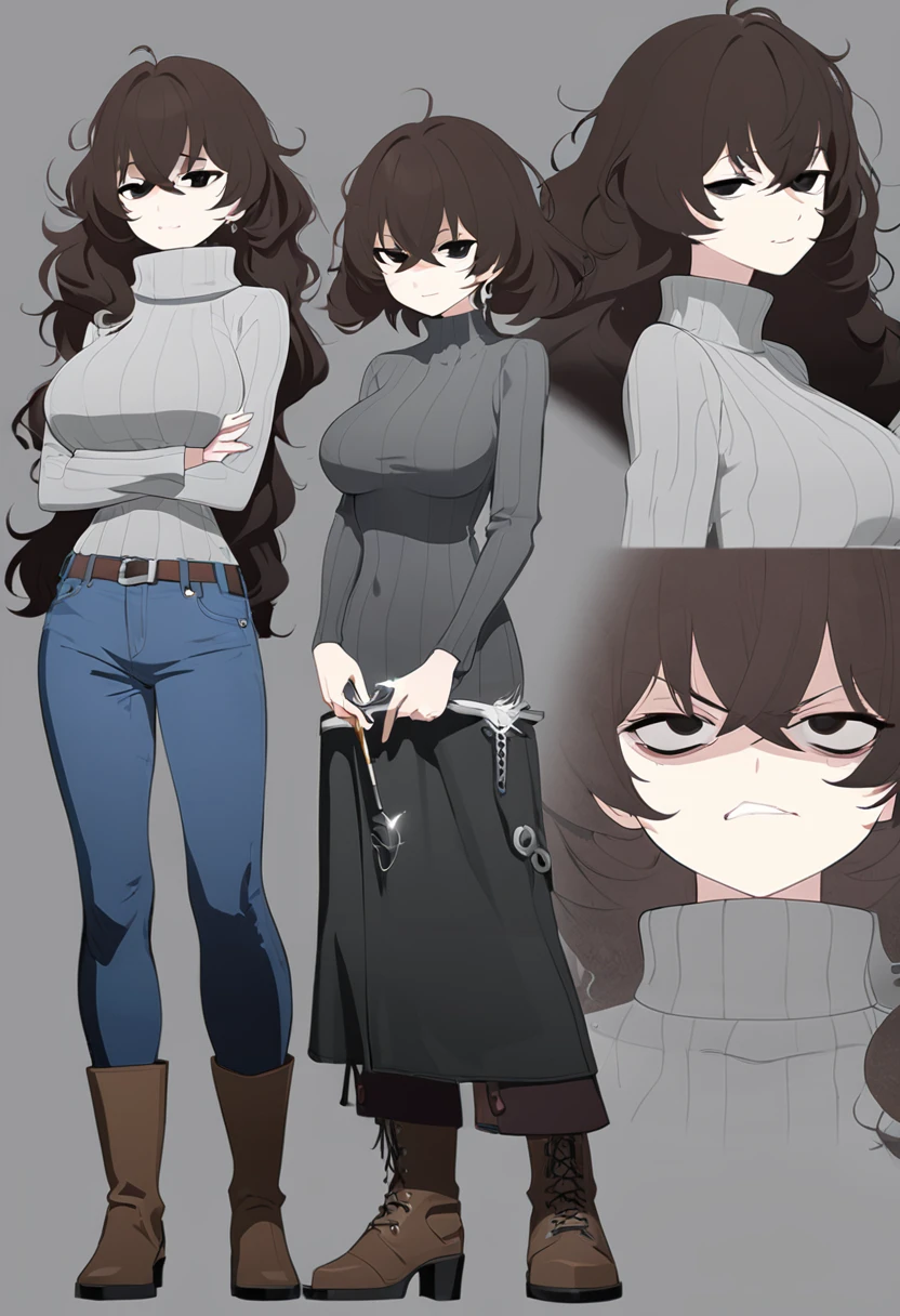 One Woman,Downer,older sister,Concept Art,Dark brown hair,Straight hair with slight inward curls,Staring eyes,Eye Ridge,black eye,Crossed bangs,whole body,smile,Larger breasts,Gray background,Bangs that reach down to the eyes,Messy hair,Tight dark jeans,Gray turtleneck sweater,Multiple views of the same character,Character Design,Dark circles under the eyes,Bad look,Listless,Sloppy,Silver Jewelry,Cafe staff,Holding a cigarette,whole bodyCharacter Design,Detailed hands,Height: 170cm,boots,Fleshy body,