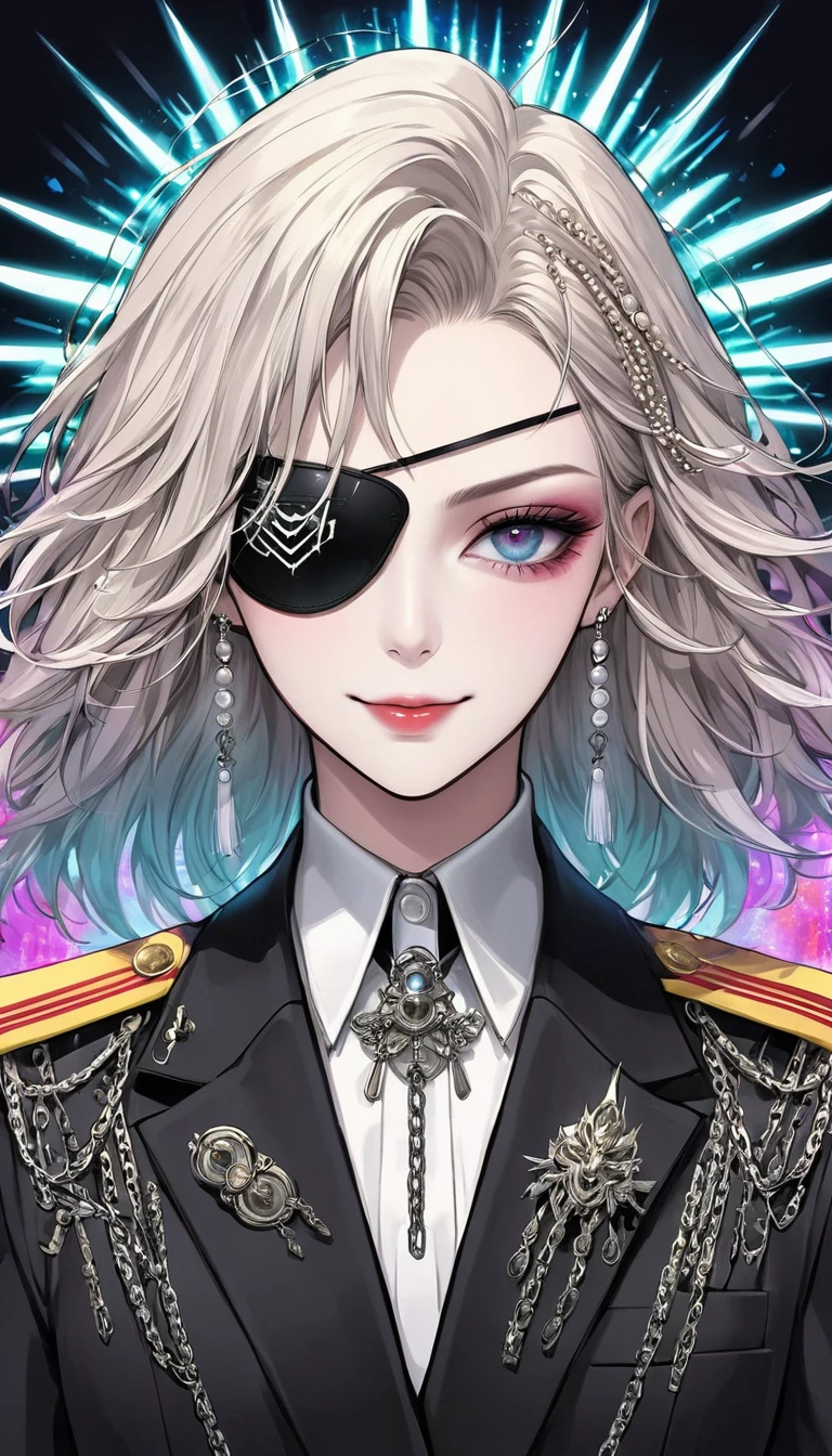 (Digital Illustration，Detailed anime style，Heavy Metal Cyberpunk，Pearl tassel eye mask，Girl wearing an eye patch，Queen aura，Solitary，symmetry)，(Fashionable and exquisite facial features，Exquisite makeup，Smooth skin，Smile，an eye)，(Hair Bunch)，(Black suit，Epaulettes-Chain，cool，)，(((Correct human anatomy)))，Radioactive geometric dynamic light wave background，Top fireworks