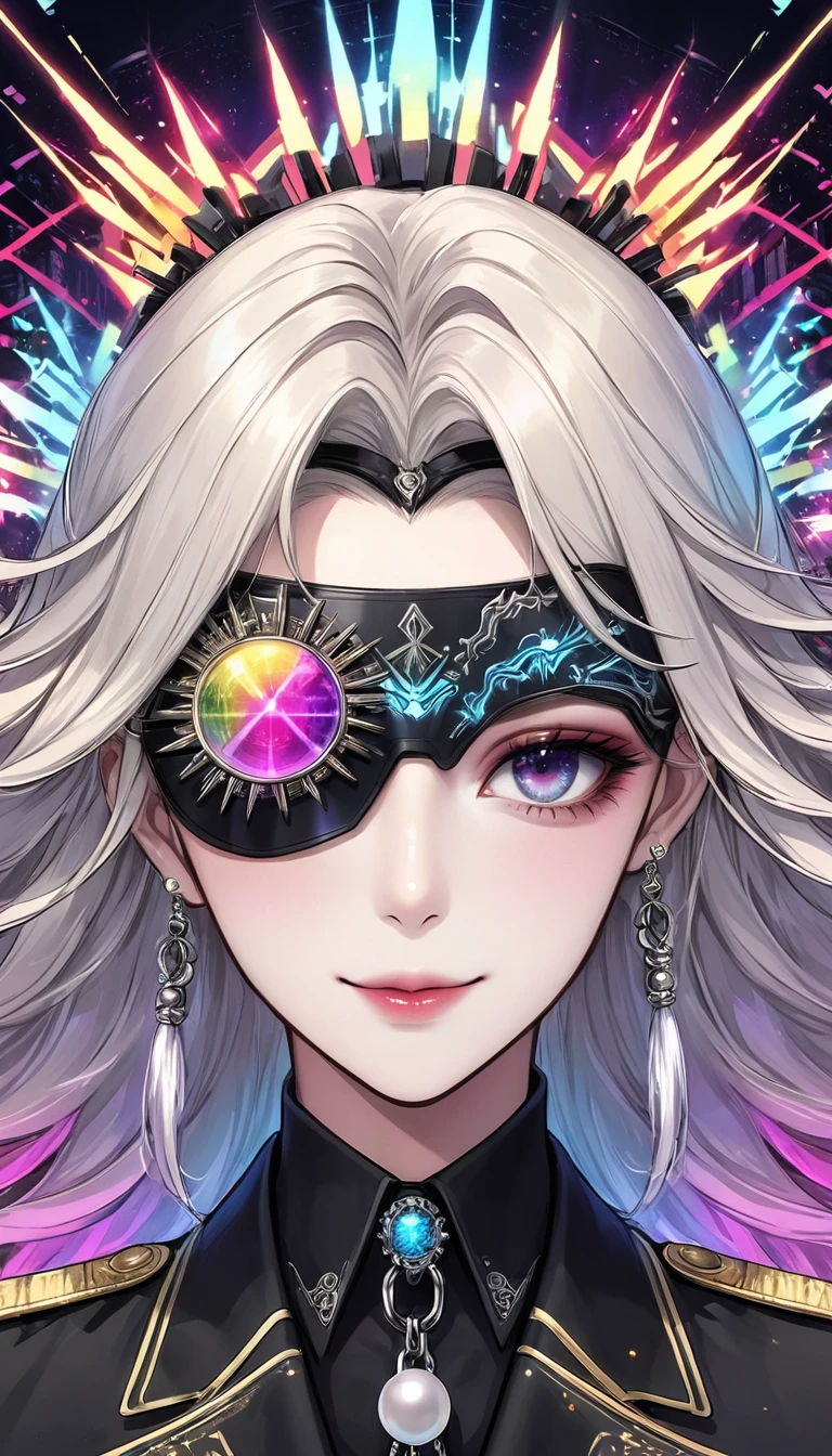 (Digital Illustration,Detailed anime style,Heavy Metal Cyberpunk,Pearl tassel eye mask,Girl wearing an eye patch,Queen aura,Solitary,symmetry),(Fashionable and exquisite facial features,Exquisite makeup,Smooth skin,Smile,an eye),(Hair Bunch),(Black suit,Epaulettes-Chain,cool,),(((Correct human ???????))),Radioactive geometric dynamic light wave background,Top fireworks
