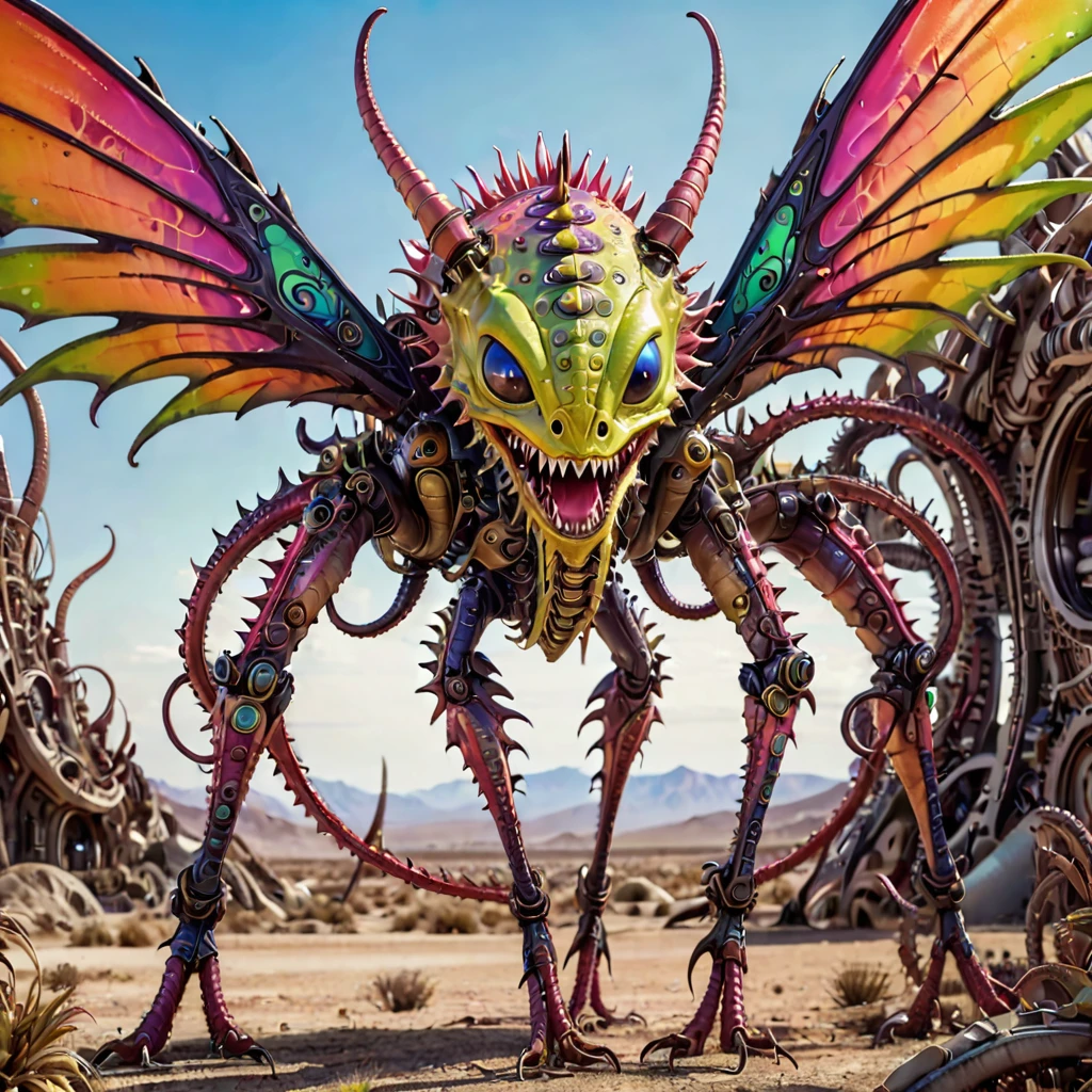 a small bizarre and strange looking part mechanical brightly coloured alien. Showing the entire, highly detailed body from the side. The entire picture is full of details. Strange alien landscapes in the background. Big detailed wings and sharp teeth and fangs. a sharp abdominal stinger. tentacles and antennas and multiple eyes. long spiky legs. Scaley segmented body. Hypnotic and telepathic and psychedelic looking.