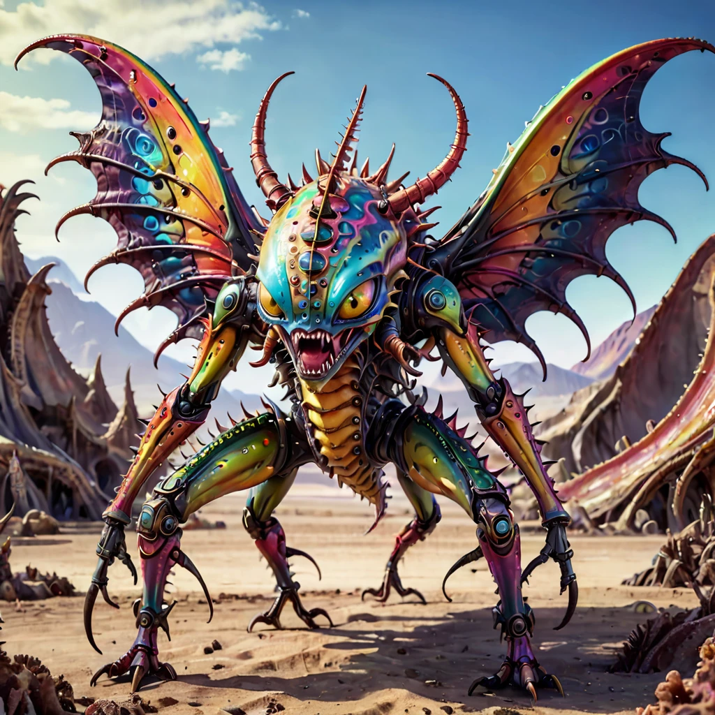 a small bizarre and strange looking part mechanical brightly coloured alien. Showing the entire, highly detailed body from the side. The entire picture is full of details. Strange alien landscapes in the background. Big detailed wings and sharp teeth and fangs. a sharp abdominal stinger. tentacles and antennas and multiple eyes. long spiky legs. Scaley segmented body. Hypnotic and telepathic and psychedelic looking.