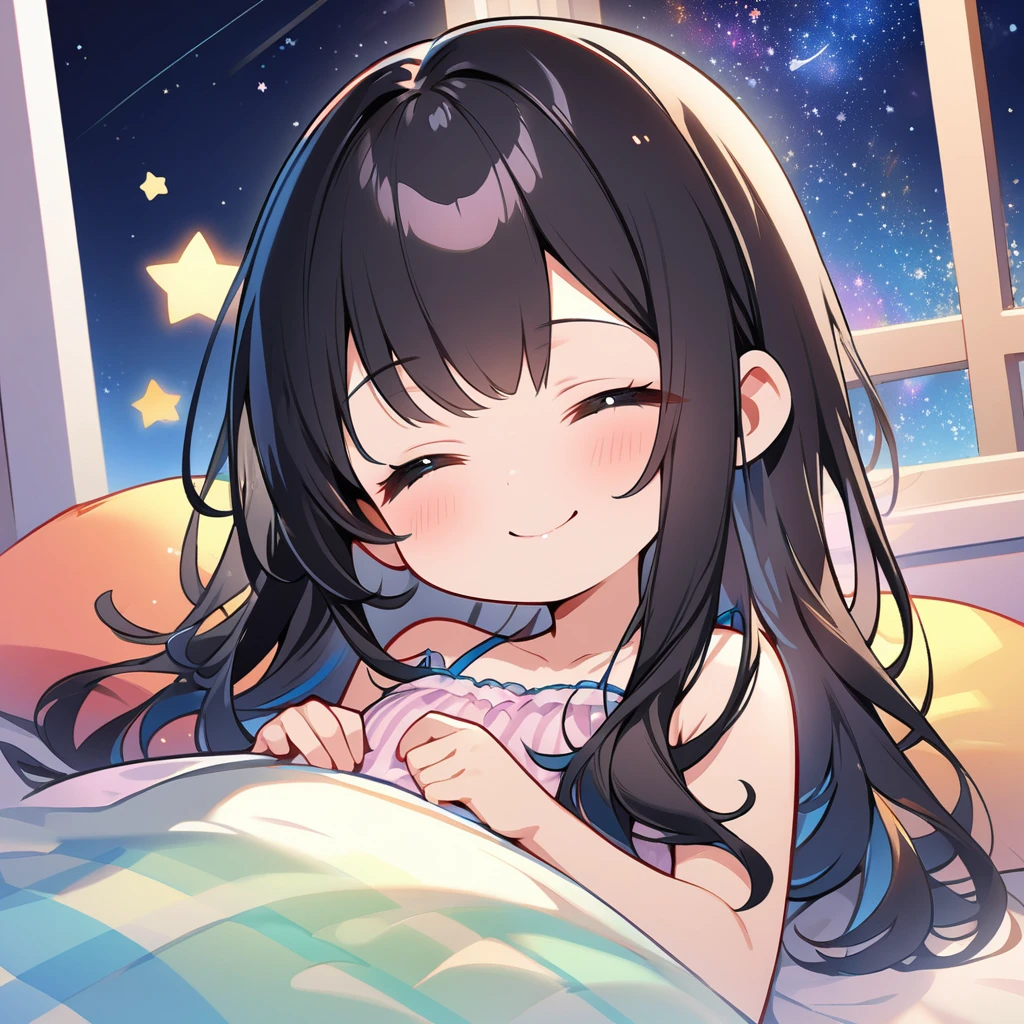 masterpiece、Highest quality、Depth of subject、２D illustration、1 beautiful girl、solo, (((chibi style)))、cute chibi, lovely chibi, ((night)), ((window)), ((starry sky)), Long, beautiful hair、Shiny black hair、cute、Beautifully detailed eyes、((blanket))、((colorful))、Camisole dress、((happy smile))、sleeping on bed, ((close up shot))、((Asleep in bed)), ((in the room))、((There&#39;s a lot of pink around))、((closed eyes))、Thighs、((vivid color))、sparkle、((Lens flare))、