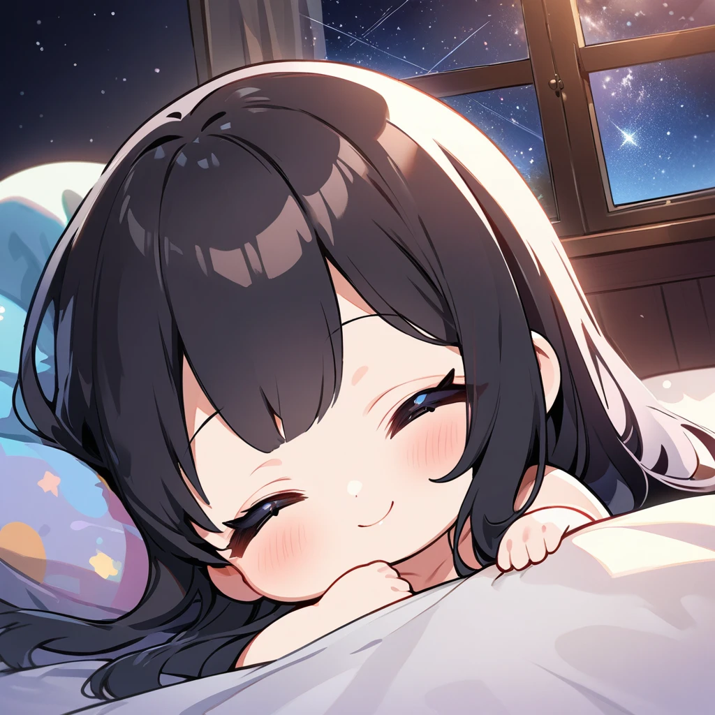 masterpiece、Highest quality、Depth of subject、２D illustration、1 beautiful girl、solo, (((chibi style)))、cute chibi, lovely chibi, ((night)), ((window)), ((starry sky)), Long, beautiful hair、Shiny black hair、cute、Beautifully detailed eyes、((blanket))、((colorful))、Camisole dress、((happy smile))、sleeping on bed, ((close up shot))、((Asleep in bed)), ((in the room))、((There&#39;s a lot of pink around))、((closed eyes))、Thighs、((vivid color))、sparkle、((Lens flare))、