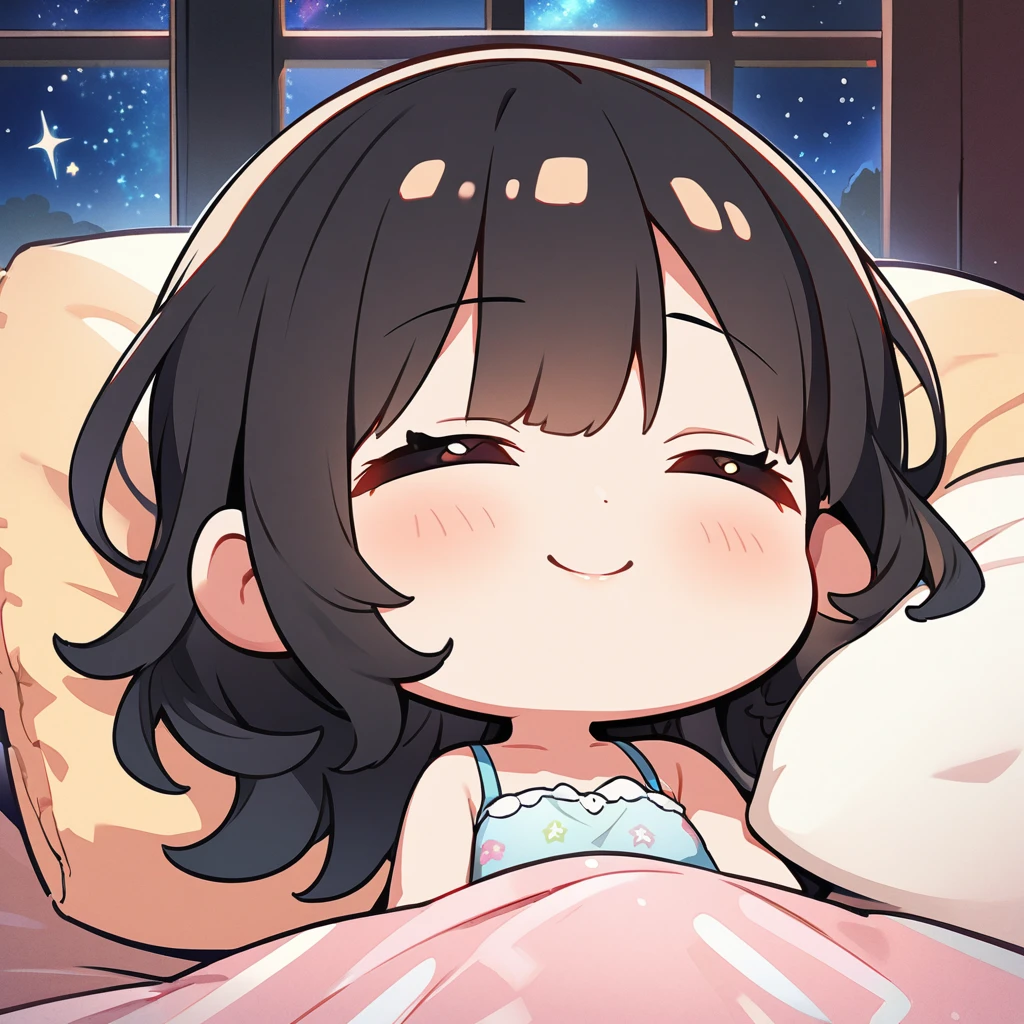 masterpiece、Highest quality、Depth of subject、2D illustration、1 beautiful girl、solo, (((chibi style)))、cute chibi, lovely chibi, ((night)), ((window)), ((starry sky)), Long, beautiful hair、Shiny black hair、cute、Beautifully detailed eyes、((blanket))、((colorful))、Camisole dress、((happy smile))、sleeping on bed, ((close up shot))、((Asleep in bed)), ((in the room))、((There's a lot of pink around))、((closed eyes))、Thighs、((vivid color))、sparkle、((Lens flare))、