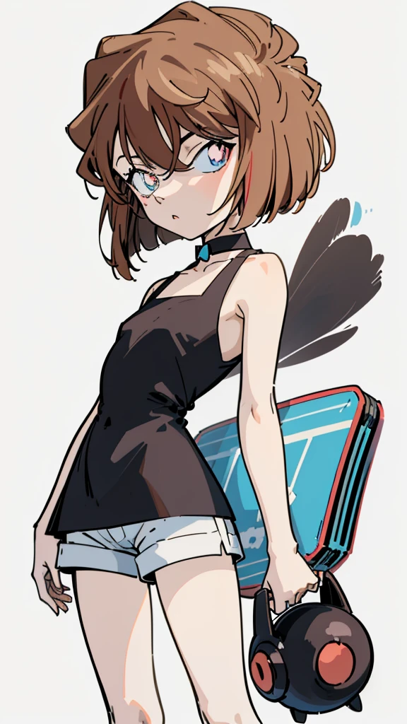 anime style, (1girl in, Solo:1.0), (Haibara Ai), ((Short pants)), (((Big eyes))), (Cute anime girl head), (flat chest),looking at viewer,With a height of 100cm, shoot from front, (head shot), Simple line minimalism, Abstract Art, City background