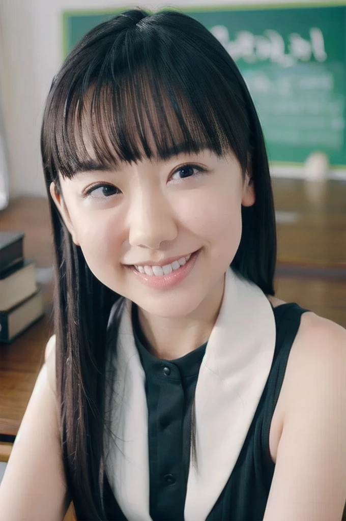 Big Laugh, upper body, (Surreal Realism), (Awareness-raising), (High resolution), (8k), (Very detailed), (The best Awareness-raisingns), (Beautiful fine details), (highest quality), (Super detailed), (masterpiece), (wallpaper), (Detailed face)、(Beautiful expression)、Side bangs、solo、((Baby Face))、(((topless)))、 (((small tits))), (((flat breast)))、((Dark blue pleated skirt))(Black knee-high socks:1.2)、Slender body、Seductive Pose:1.4、Looking into the camera、School classroom、((Place your hands on the desk))、((A look that captivates the audience:1.3))
