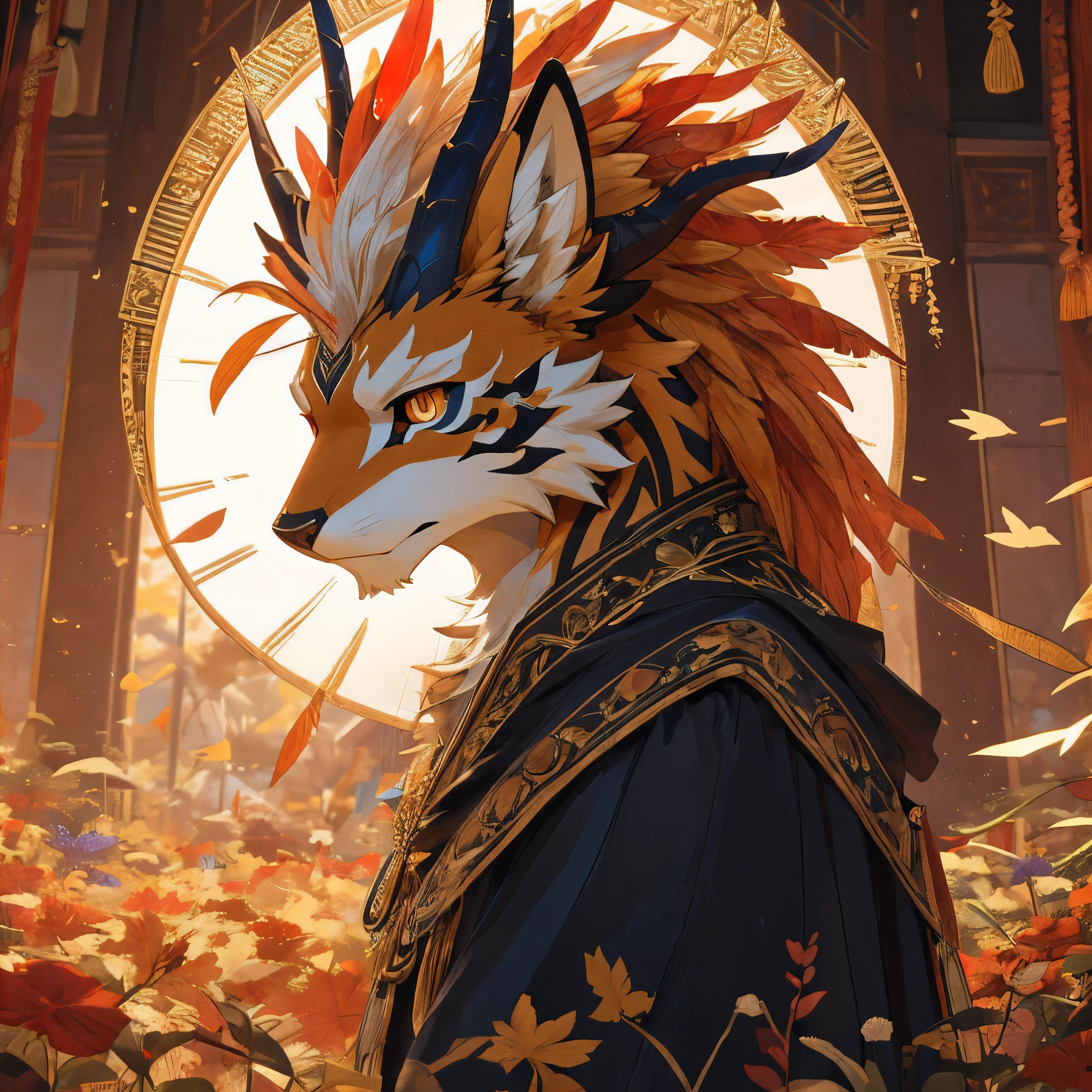(male)"Amazingly detailed anime solo sketches ,High quality,Smooth white corners,Fox Form:The head design is inspired by the fox,Has soft fur and pointy ears。 Gold decoration:Gold decoration on the tip of the ear,Symbol of divinity。 Kirin body:The body design is inspired by the Qilin,Covered with thick fur。 Golden orange gradient:Fur color is a gradient of gold and orange,Represents gorgeousness and warmth。 Covered with soft hair, mane:mane design resembles flame,The color changes from maple leaf red to orange,Delivering warmth and vitality。 The Eye of Wisdom:Big, bright eyes,Flashing golden light,Demonstrating deep wisdom。 Harvest tail:Long, fluffy tail,Golden tassel decoration at the tip of the tail,Symbolizes harvest and prosperity。,,Dramatic light and shadow effects create an interesting contrast. This highly detailed digital artwork exudes an advanced anime art aesthetic, Perfect for station art or conceptual illustrations. Soft and clear focus, Every line and texture is rendered in stunning 8k resolution, Lifelike. Carefully crafted, This masterpiece is sure to leave a deep impression on the audience