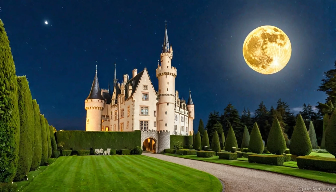 Create a stunning image of a grand castle under a night sky with a bright full moon. The castle should have an illuminated facade, with warm yellow lights highlighting its stone architecture. The structure should feature multiple chimneys, pointed roofs, and a central tower, reflecting an old-world charm. In front of the castle, include a circular driveway with a centerpiece statue, and neatly trimmed gardens with geometrically shaped hedges and trees lining the pathway. The expansive lawn should be well-maintained, leading up to the castle's entrance. The surrounding landscape should feature tall trees, creating a serene and picturesque setting. The overall ambiance should be tranquil and magical, emphasizing the contrast between the deep blue night sky and the warm glow of the castle.